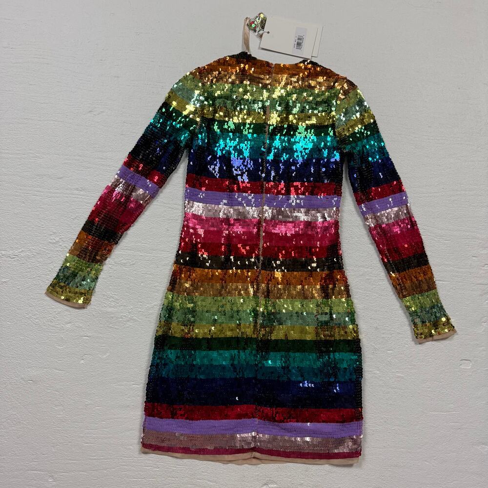 Mac Duggal Rainbow Sequin Long Sleeve Mini Dress, Size 0 - Picture 7 of 10
